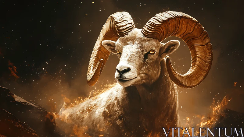 Majestic ram emerges from swirling fire and embers