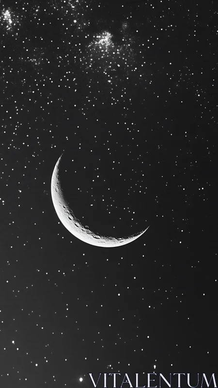 Crescent moon in dense star field on black night sky.