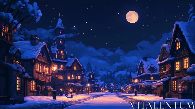 Snow covered village street under full moon at night.