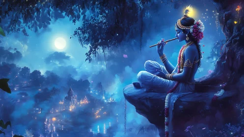 Moonlit flute dreamer above a jeweled misty riverscape.