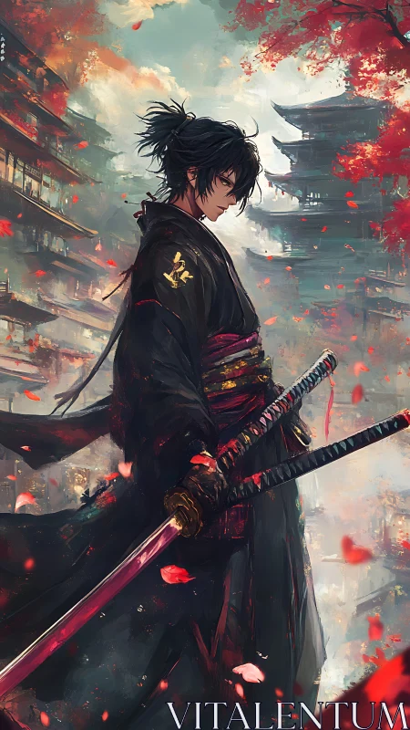 Solitary samurai stands amid crimson petals and towers.
