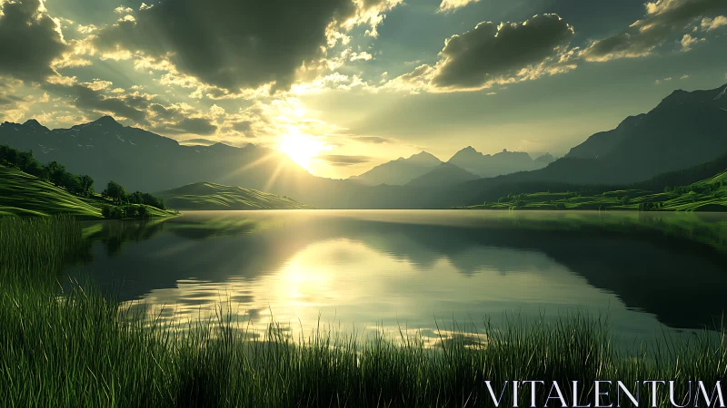 Green mountain lake at sunrise with dramatic clouded sky.