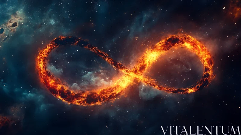 Fiery infinity symbol is rendered within deep space nebula