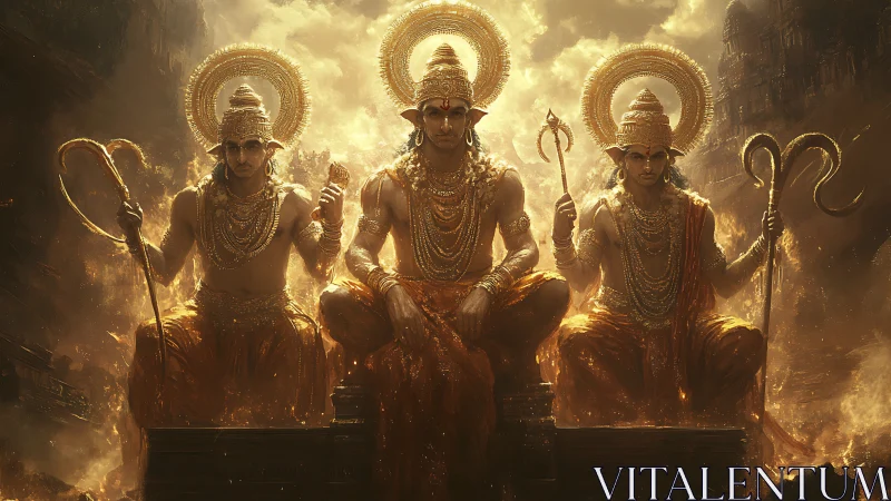 Divine golden trinity seated in celestial inferno glow.