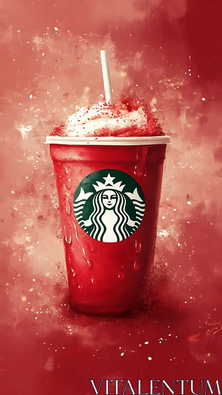 Red iced beverage with whipped cream in painterly portrait