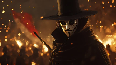 Masked vigilante in top hat amid fiery protest bokeh field