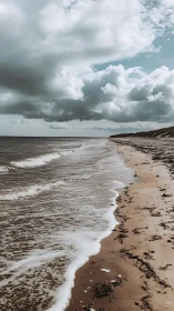 Stormy clouds roll over a quiet windswept shoreline