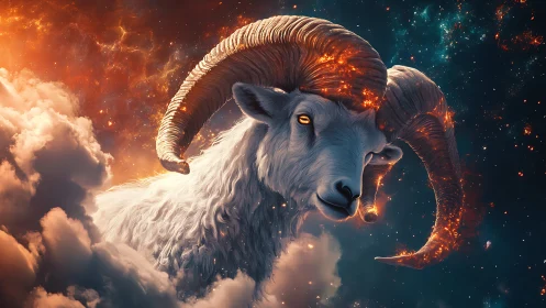 Celestial ram glowing softly among clouds and starlit fire.