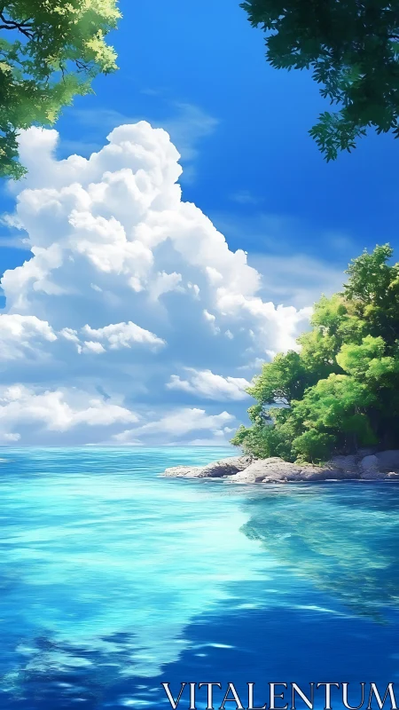 High-saturation coastal lagoon under cumulonimbus sky with foliage