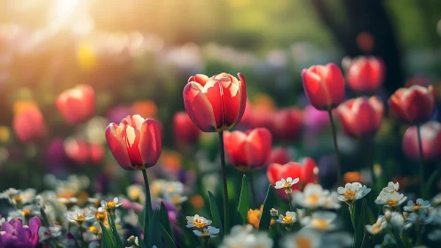 Red Tulips Bloom with Shallow Focus and Golden Backlighting