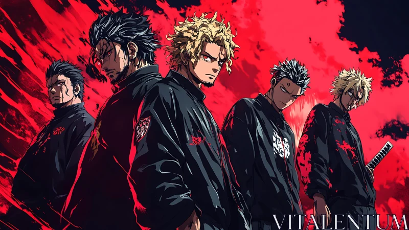 Five anime delinquents stand unified before violent red sky