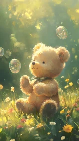 Sunlit teddy bear in meadow with drifting bubbles dreamily.