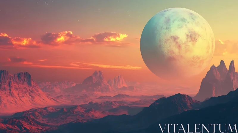 Distant large planet above rugged alien desert landscape.