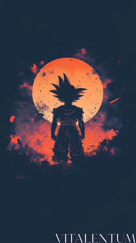 Silhouetted warrior drinks in the volcanic anime moonrise