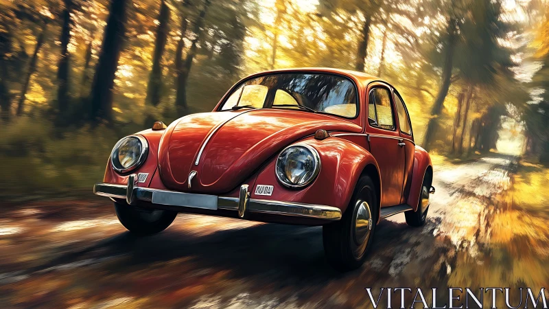 Classic red Beetle rendered in dynamic autumn forest motion