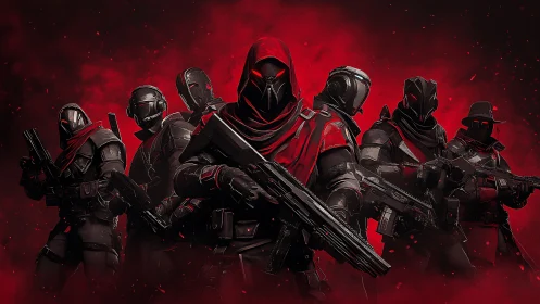 Paramilitary cloaked strike unit in crimson volumetric haze.