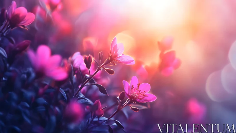 Pink flowers illuminated by diffuse golden light in soft focus composition.