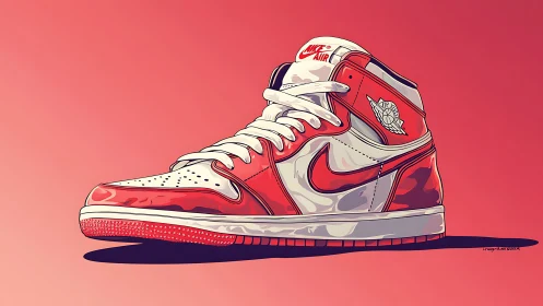 High-top sneaker illustration with red-white paneling, lace detail