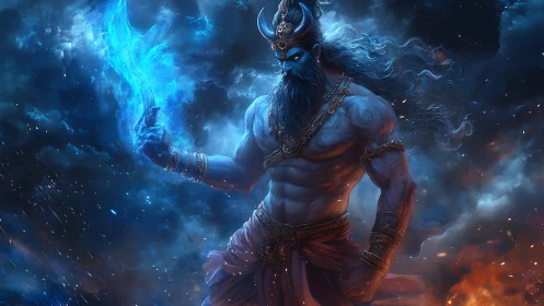 Blue-skinned mythic figure holds blue flame in storm sky