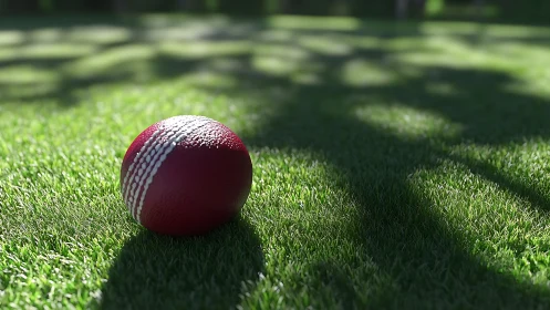 Red cricket ball rests on textured sunlit grass field.
