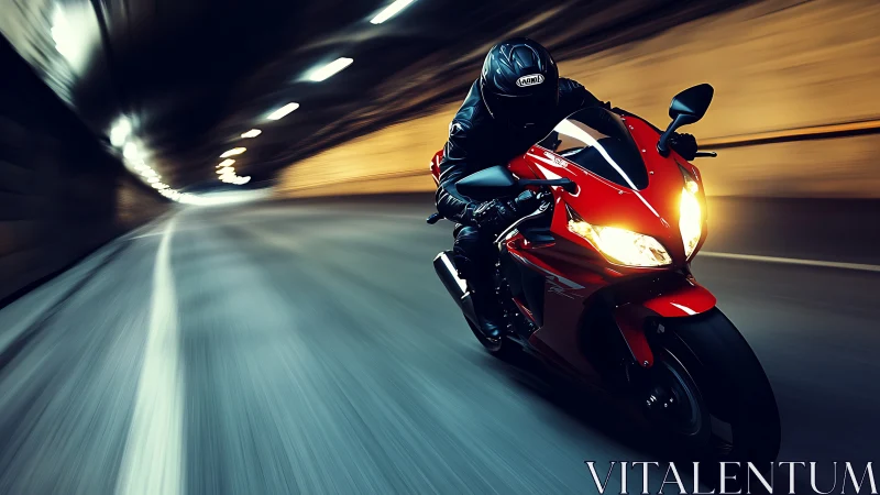 Motorcyclist rides red sport bike at speed through tunnel