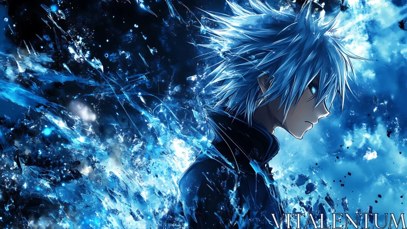 Ice-charged anime warrior amid explosive blue energy field.