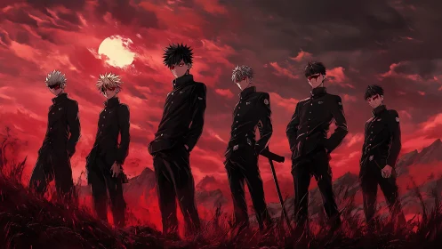 Group of anime students under blood red night sky.