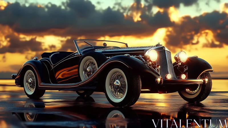 Vintage black roadster under dramatic sunset sky.
