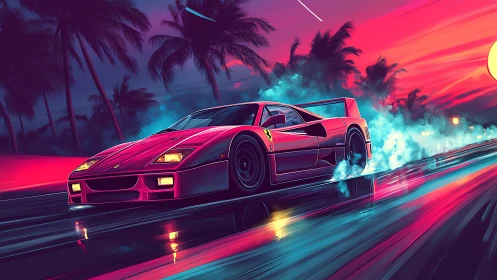 Red sports car on neon coastal highway at dusk environment.