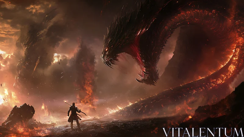 Lone warrior confronts colossal fire dragon in burning wasteland.