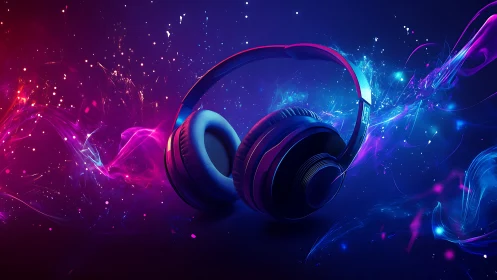 Neon studio headphones encircled by swirling sound energy.