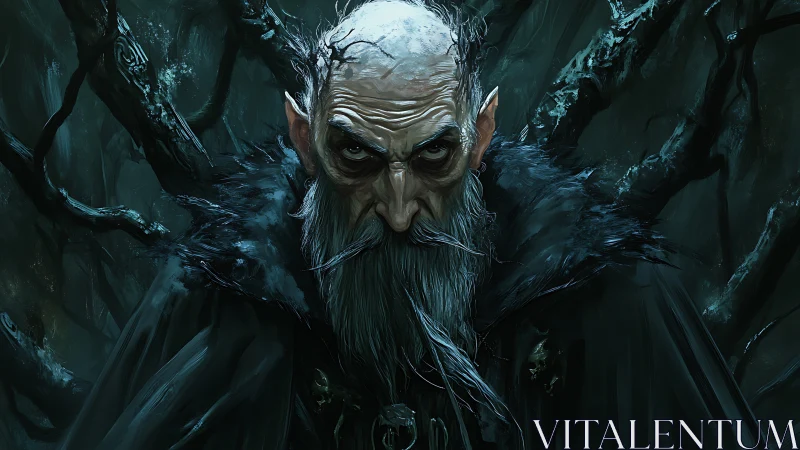 Ancient forest warlock glares through twisted dark branches.