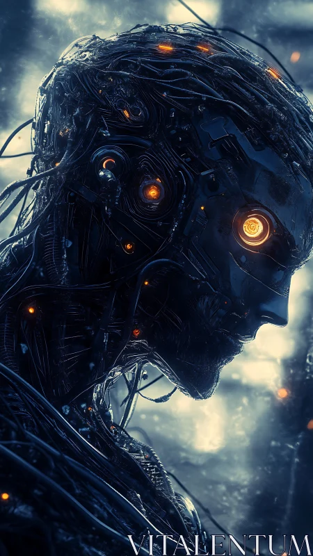 Cybernetic humanoid portrait renders intricate biomech circuitry