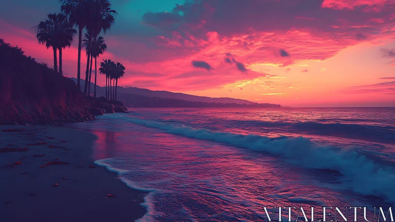 Sunset coastline with palms and vivid magenta sky.