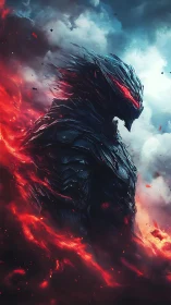 Armored fire titan stands amid swirling magma storm