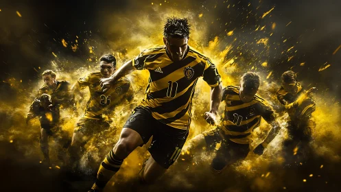 Kinetic soccer squad in explosive yellow-black motion field.