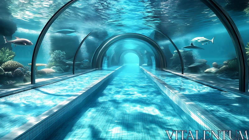 Submerged glass tunnel pool drifting through coral dreams.