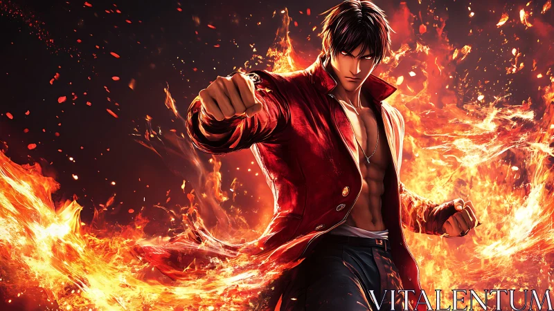 Fiery anime fighter in red coat unleashing blazing power.