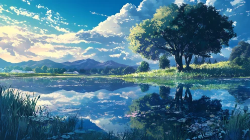 Gentle lakeside meadow opens onto calm mountains and sky