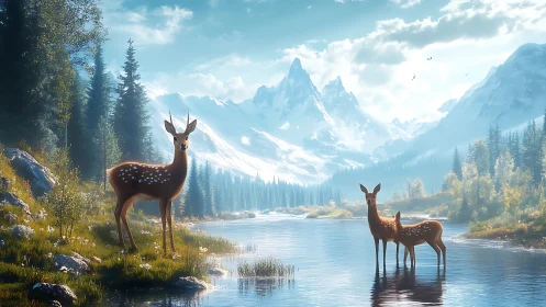 Deer standing in reflective river before snowy mountain range.