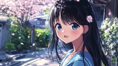 Springtime anime portrait under blooming cherry blossoms