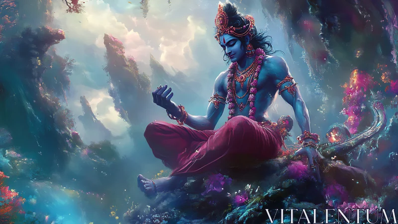Blue divine figure in meditative pose within luminous ethereal realm