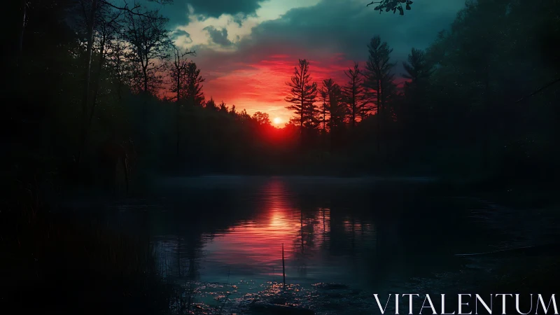 Sunset illuminates forest treeline and reflects on still water