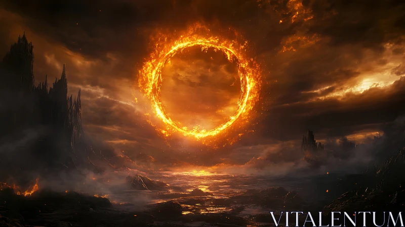 Apocalyptic Ring Portal Above Ruined Citadel Landscape.