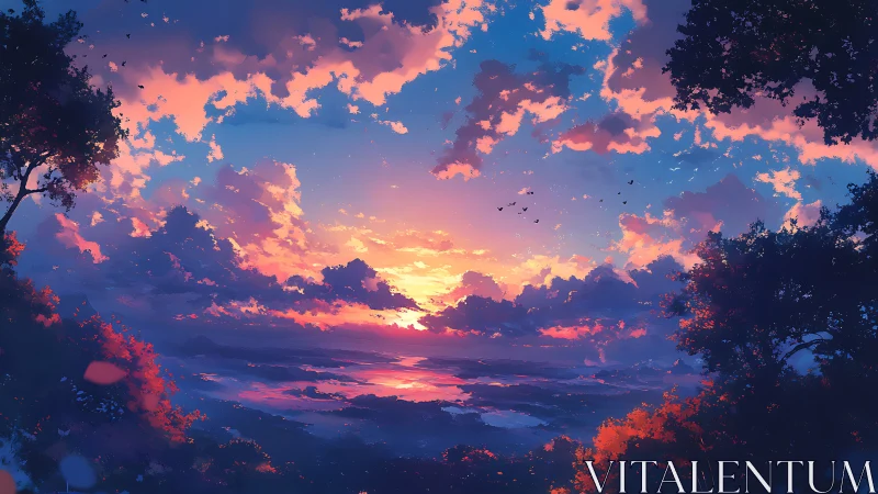 Radiant clouds frame a luminous sunset over distant sea.