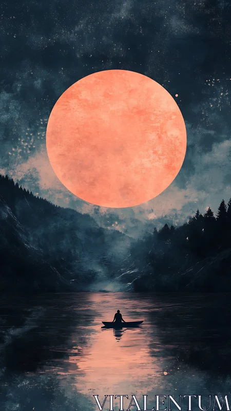 Solitary rower under oversized red moon with reflective lake glow