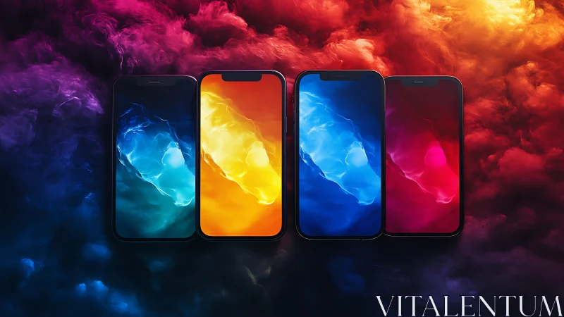 Gradient-lit smartphones align within neon cloud backdrop.