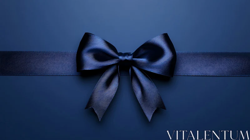Dark Blue Bow on Ribbon Against Blue Background