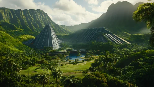 Futuristic jungle resort nestled among dramatic lush peaks.