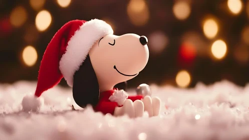 Holiday beagle figurine in Santa hat amid soft bokeh glow.